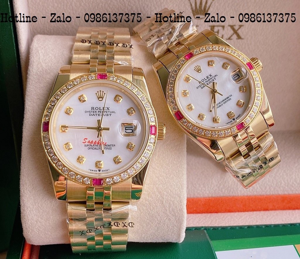 Đồng Hồ Cặp Rolex Viền Đá Dây Vàng Mặt Trắng Ngọc 36mm 32mm