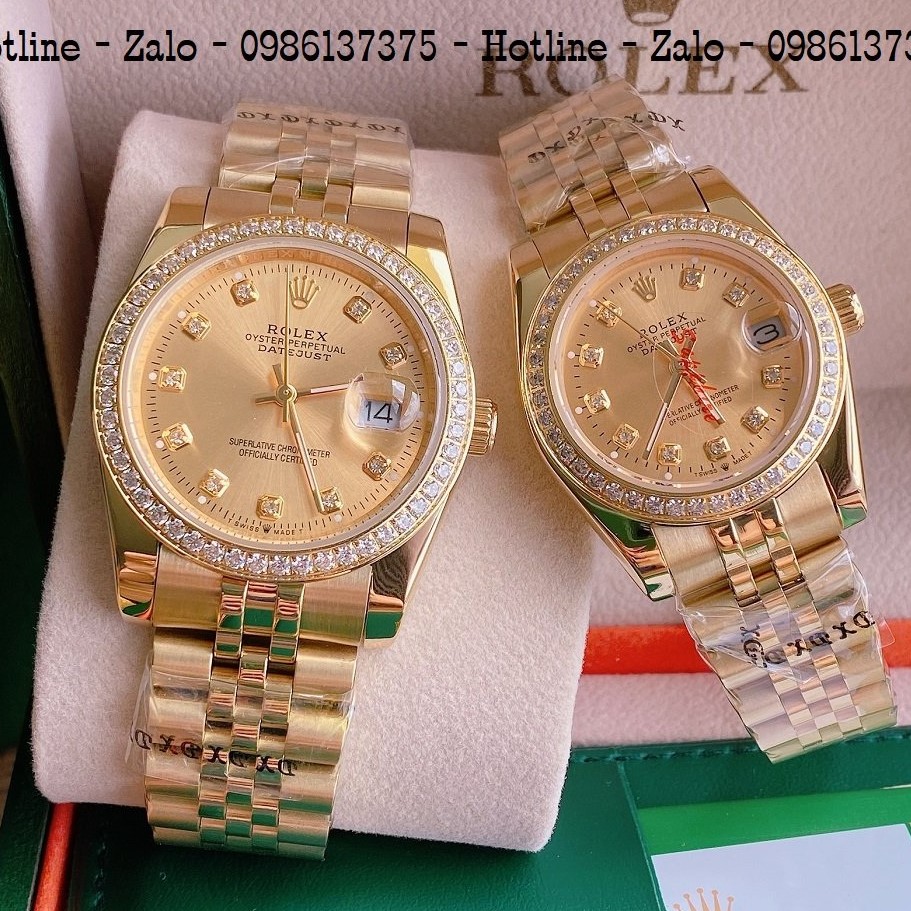 Đồng Hồ Cặp Rolex Viền Đá Dây Vàng Mặt Vàng 36mm 32mm