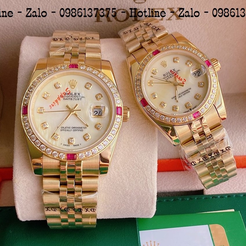 Đồng Hồ Cặp Rolex Viền Đá Dây Vàng Mặt Vàng Ngọc 36mm 32mm