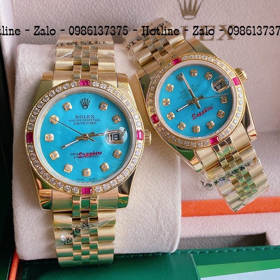 Đồng Hồ Cặp Rolex Viền Đá Dây Vàng Mặt Xanh Ngọc 36mm 32mm