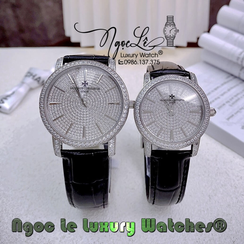 Đồng Hồ Cặp Vacheron Constantin Siêu Cấp Dây Da Đen Đính Đá Bạc 40mm - 34mm