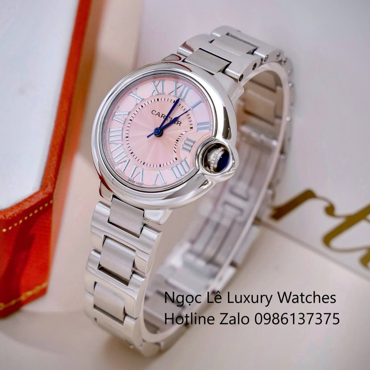 Đồng Hồ Cartier Ballon Bleu Màu Bạc Mặt Hồng Baby Kim Xanh Số La Mã Size 32mm - Cartier Nữ Siêu Cấp