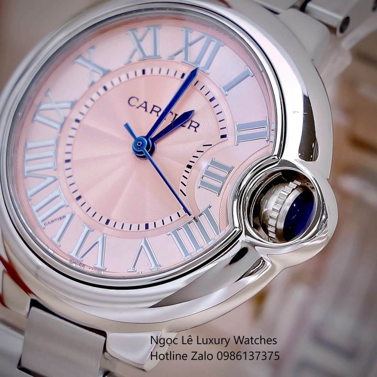 Đồng Hồ Cartier Ballon Bleu Màu Bạc Mặt Hồng Baby Kim Xanh Số La Mã Size 32mm - Cartier Nữ Siêu Cấp
