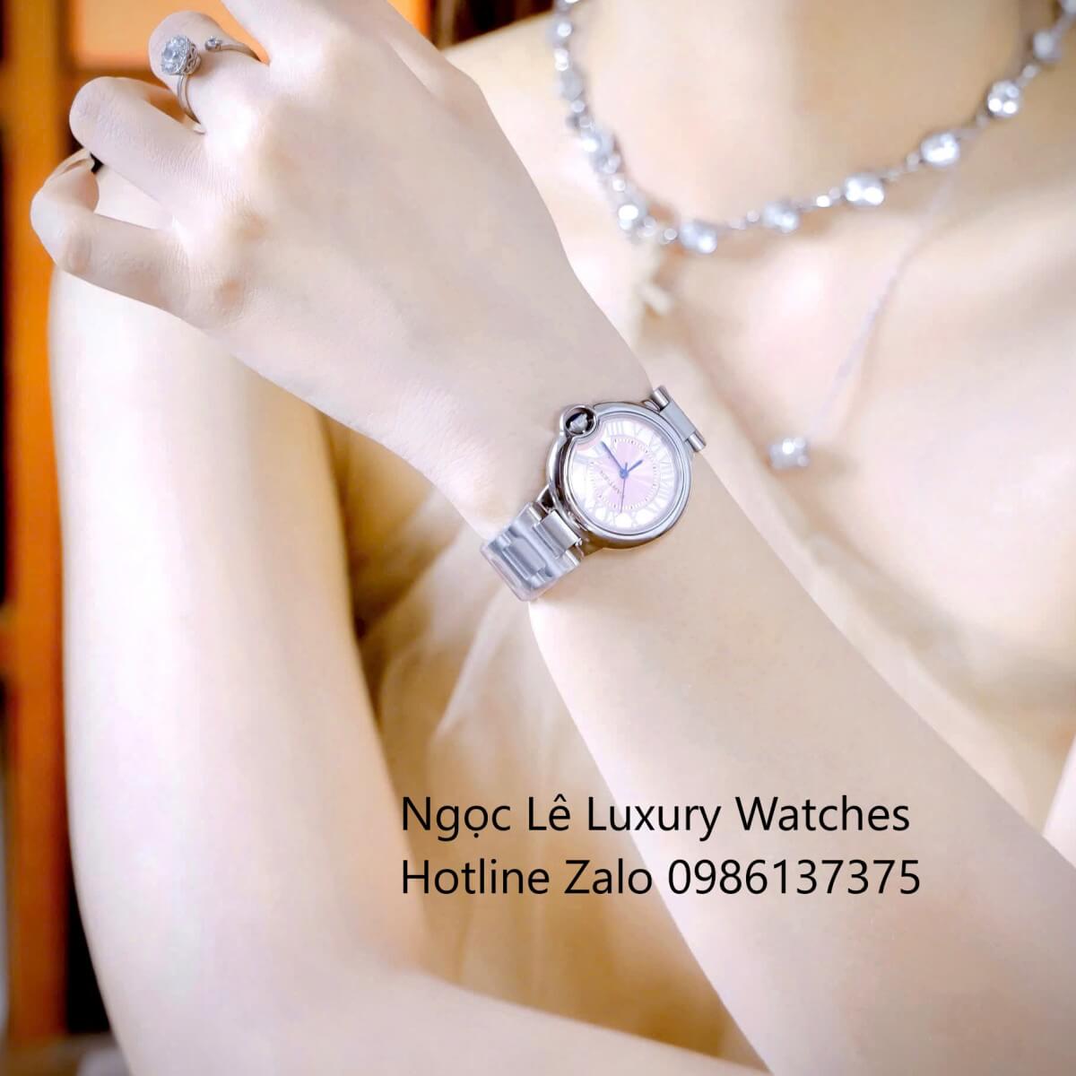 Đồng Hồ Cartier Ballon Bleu Màu Bạc Mặt Hồng Baby Kim Xanh Số La Mã Size 32mm - Cartier Nữ Siêu Cấp