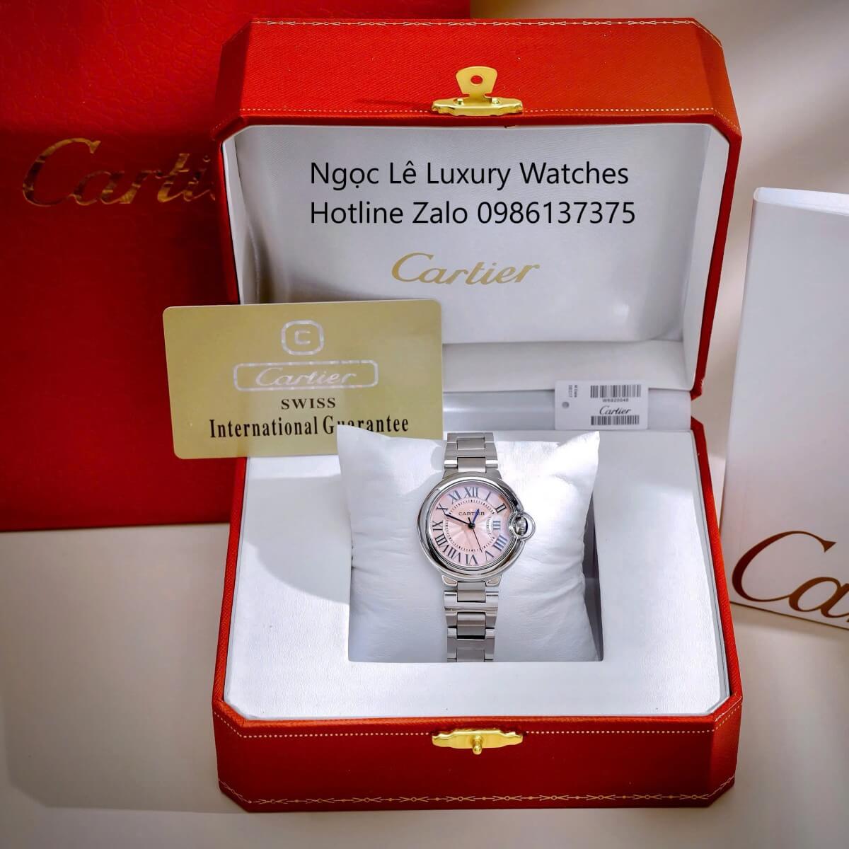Đồng Hồ Cartier Ballon Bleu Màu Bạc Mặt Hồng Baby Kim Xanh Số La Mã Size 32mm - Cartier Nữ Siêu Cấp