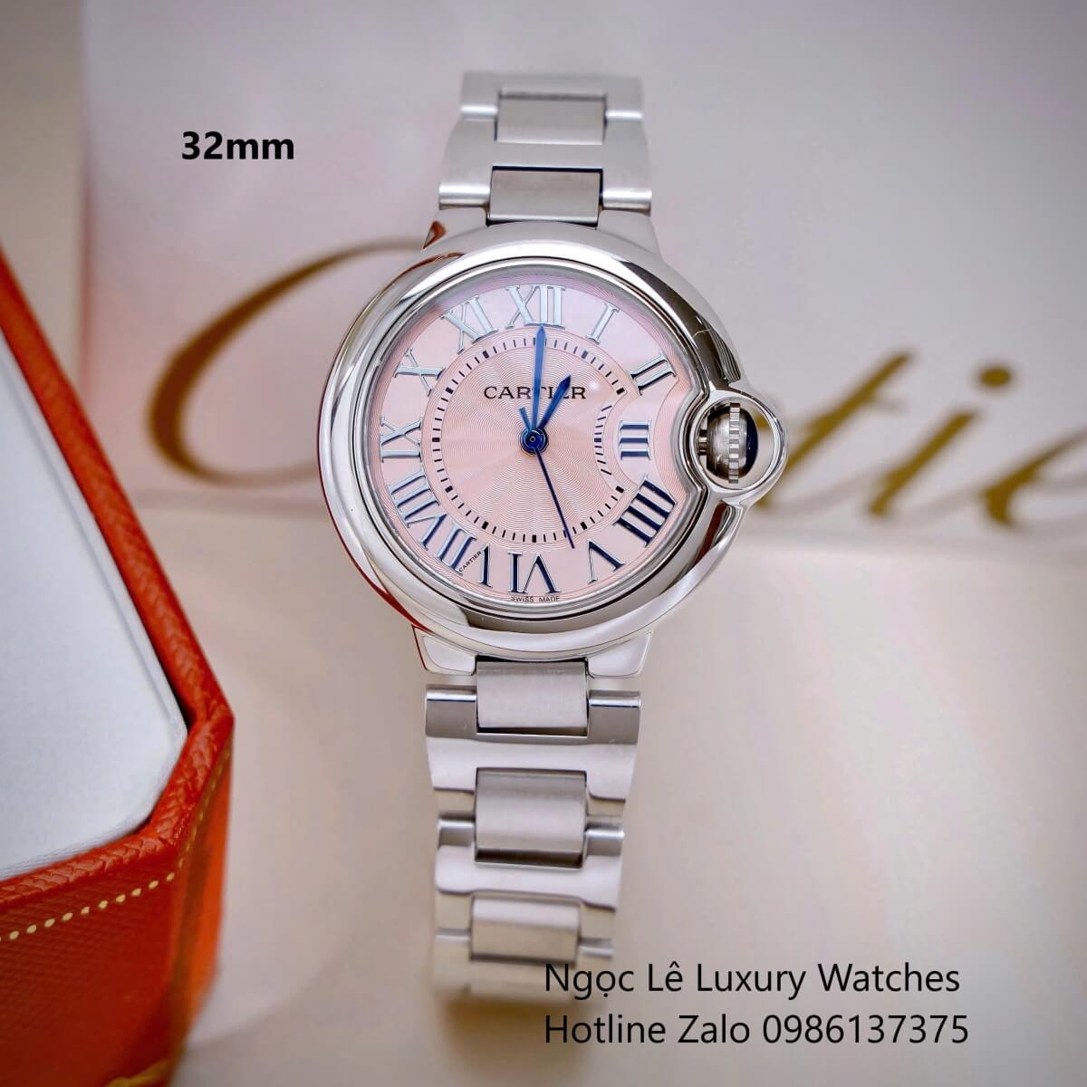 Đồng Hồ Cartier Ballon Bleu Màu Bạc Mặt Hồng Baby Kim Xanh Số La Mã Size 32mm - Cartier Nữ Siêu Cấp