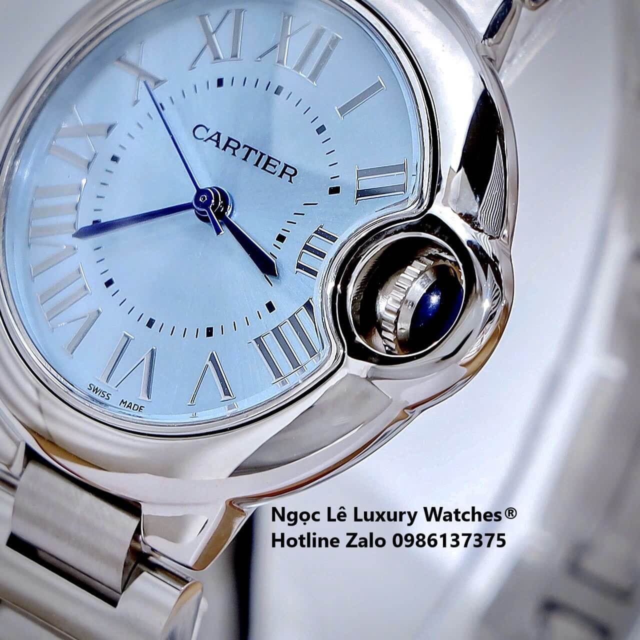 Đồng Hồ Cartier Ballon Bleu Màu Bạc Mặt Xanh Nhạt Kim Xanh Số La Mã Size 32mm - Cartier Nữ Siêu Cấp
