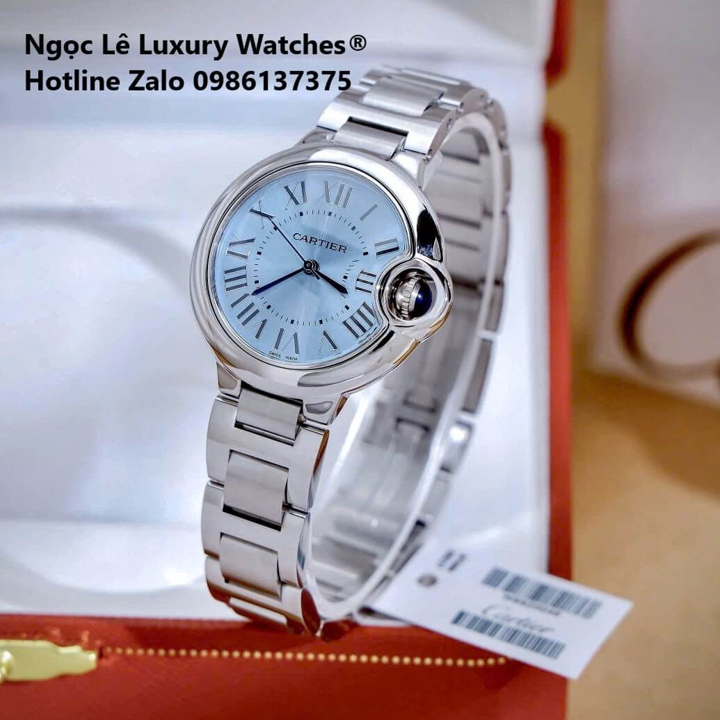 Đồng Hồ Cartier Ballon Bleu Màu Bạc Mặt Xanh Nhạt Kim Xanh Số La Mã Size 32mm - Cartier Nữ Siêu Cấp