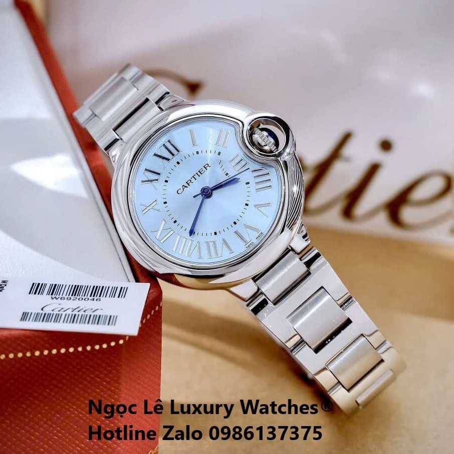 Đồng Hồ Cartier Ballon Bleu Màu Bạc Mặt Xanh Nhạt Kim Xanh Số La Mã Size 32mm - Cartier Nữ Siêu Cấp