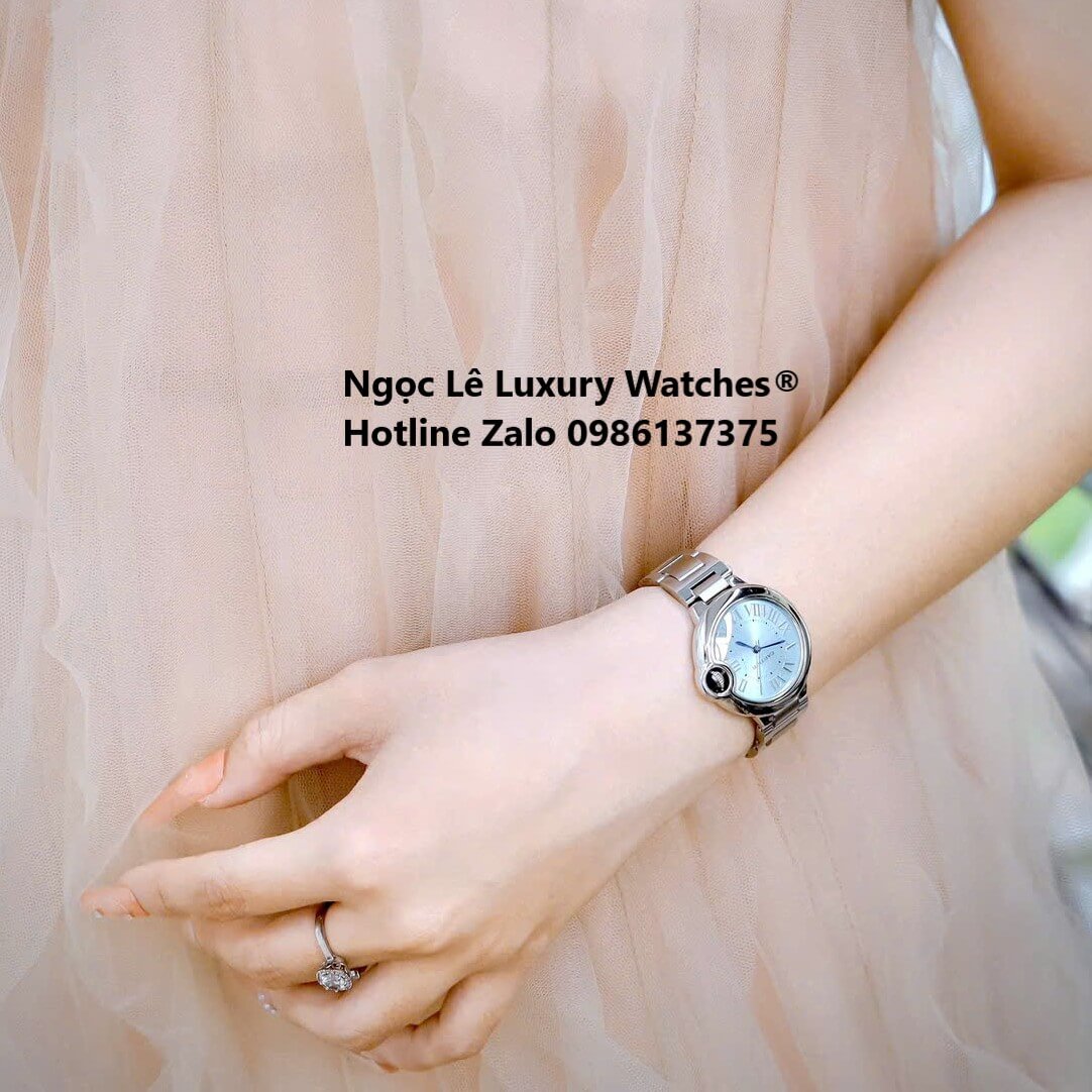 Đồng Hồ Cartier Ballon Bleu Màu Bạc Mặt Xanh Nhạt Kim Xanh Số La Mã Size 32mm - Cartier Nữ Siêu Cấp