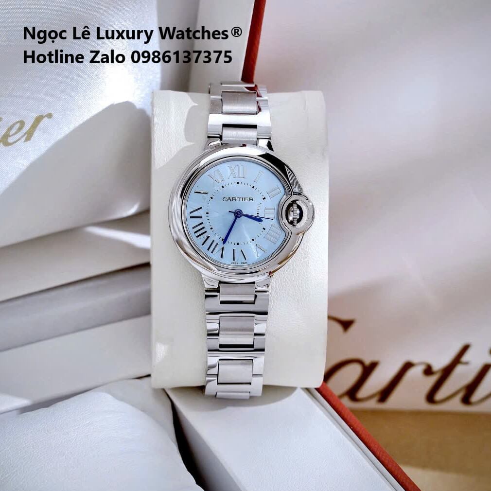 Đồng Hồ Cartier Ballon Bleu Màu Bạc Mặt Xanh Nhạt Kim Xanh Số La Mã Size 32mm - Cartier Nữ Siêu Cấp