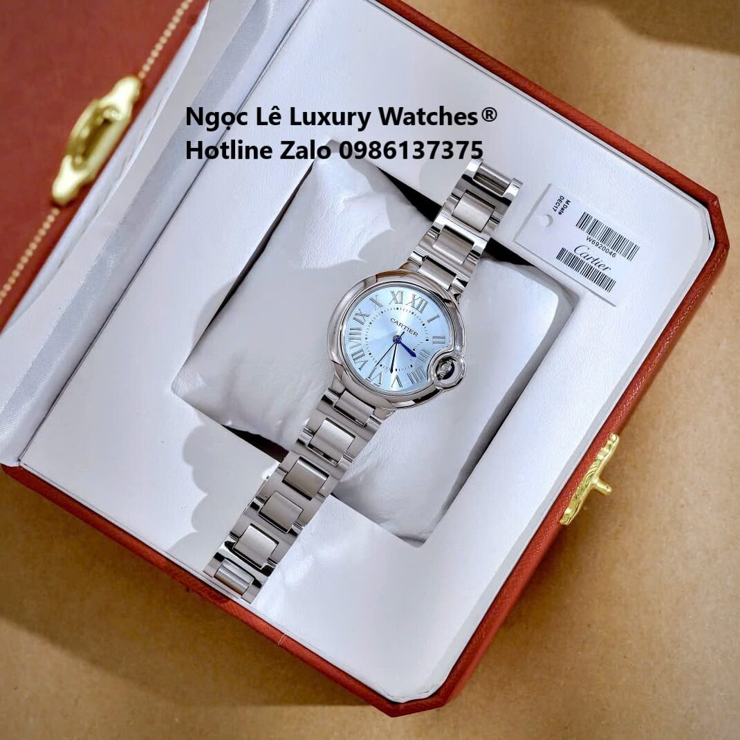 Đồng Hồ Cartier Ballon Bleu Màu Bạc Mặt Xanh Nhạt Kim Xanh Số La Mã Size 32mm - Cartier Nữ Siêu Cấp