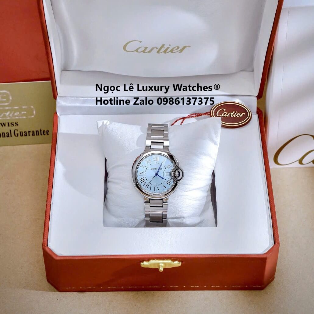 Đồng Hồ Cartier Ballon Bleu Màu Bạc Mặt Xanh Nhạt Kim Xanh Số La Mã Size 32mm - Cartier Nữ Siêu Cấp