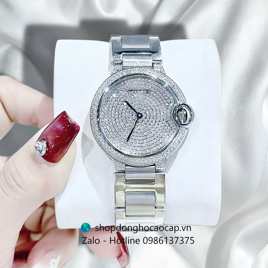 Đồng hồ Cartier Ballon Bleu nữ dây thép silver, mặt đồng hồ đính đá sáng size 36mm - Quartz Thụy Sĩ