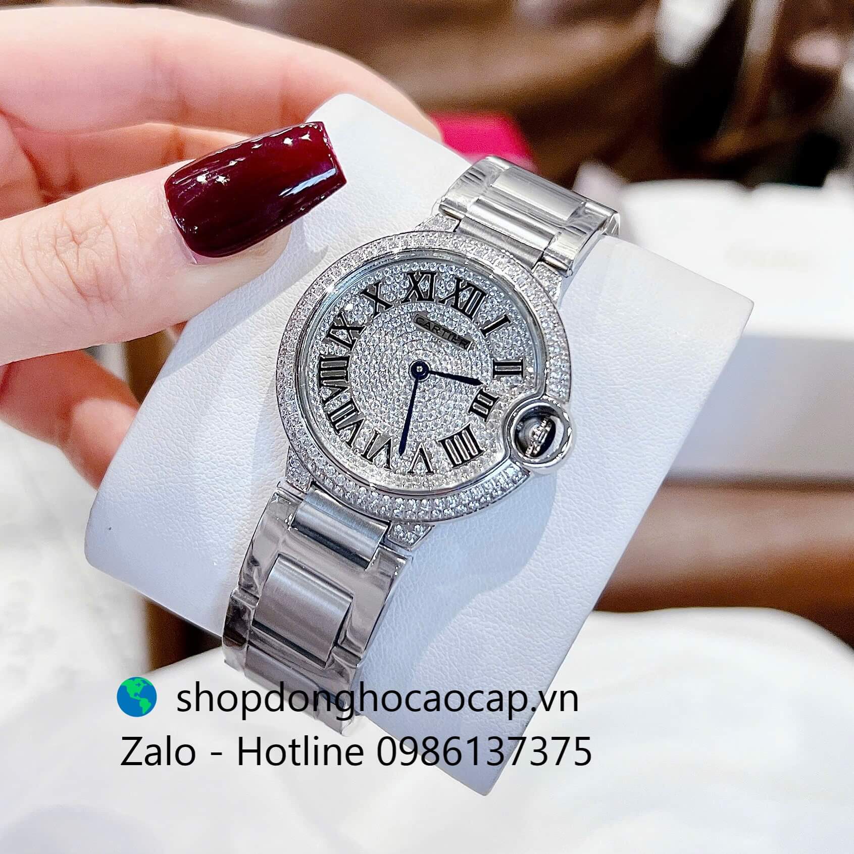 Đồng hồ Cartier Ballon Bleu nữ dây thép silver, đồng hồ Cartier nữ size 36mm số la mã - Quartz Thụy Sĩ