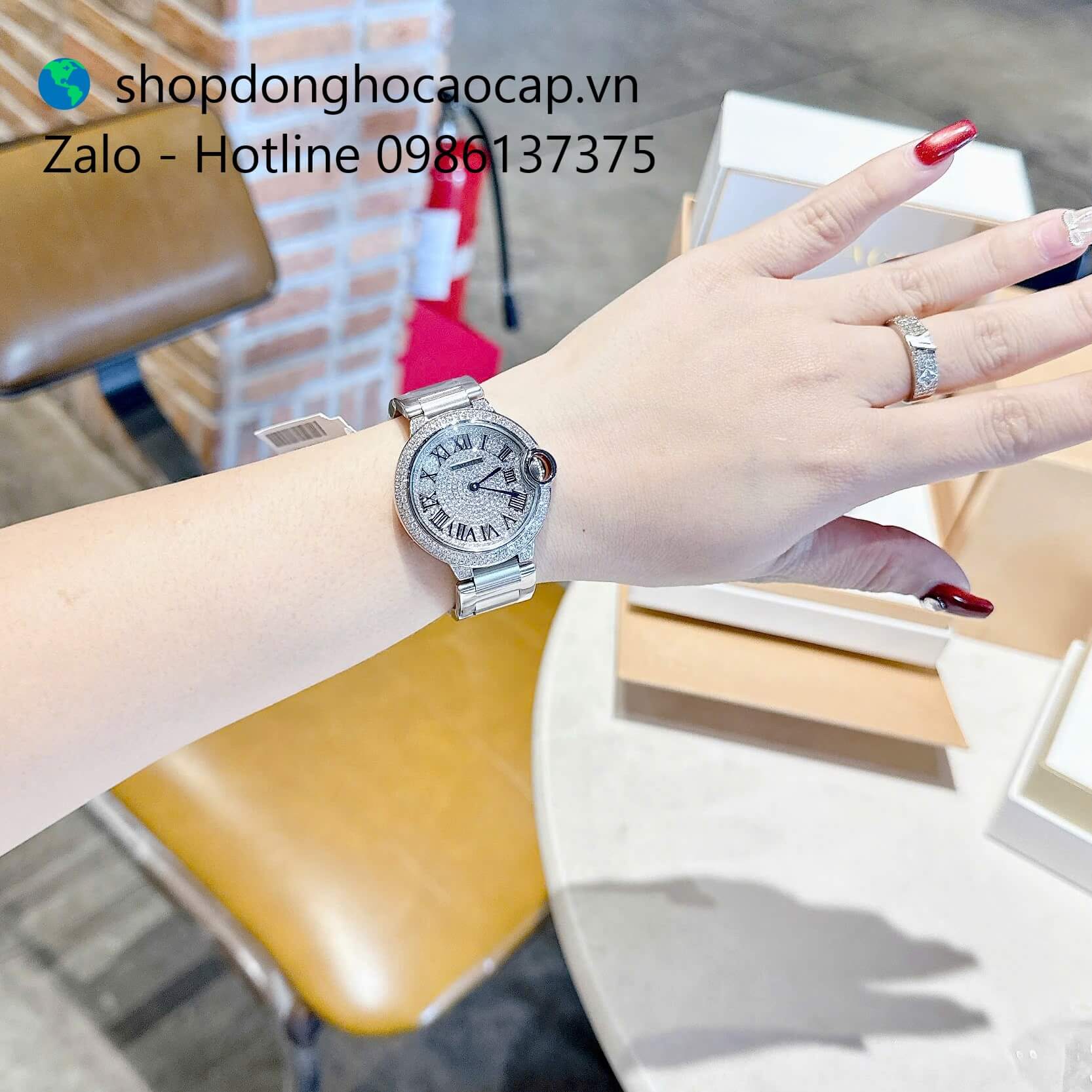 Đồng hồ Cartier Ballon Bleu nữ dây thép silver, đồng hồ Cartier nữ size 36mm số la mã - Quartz Thụy Sĩ