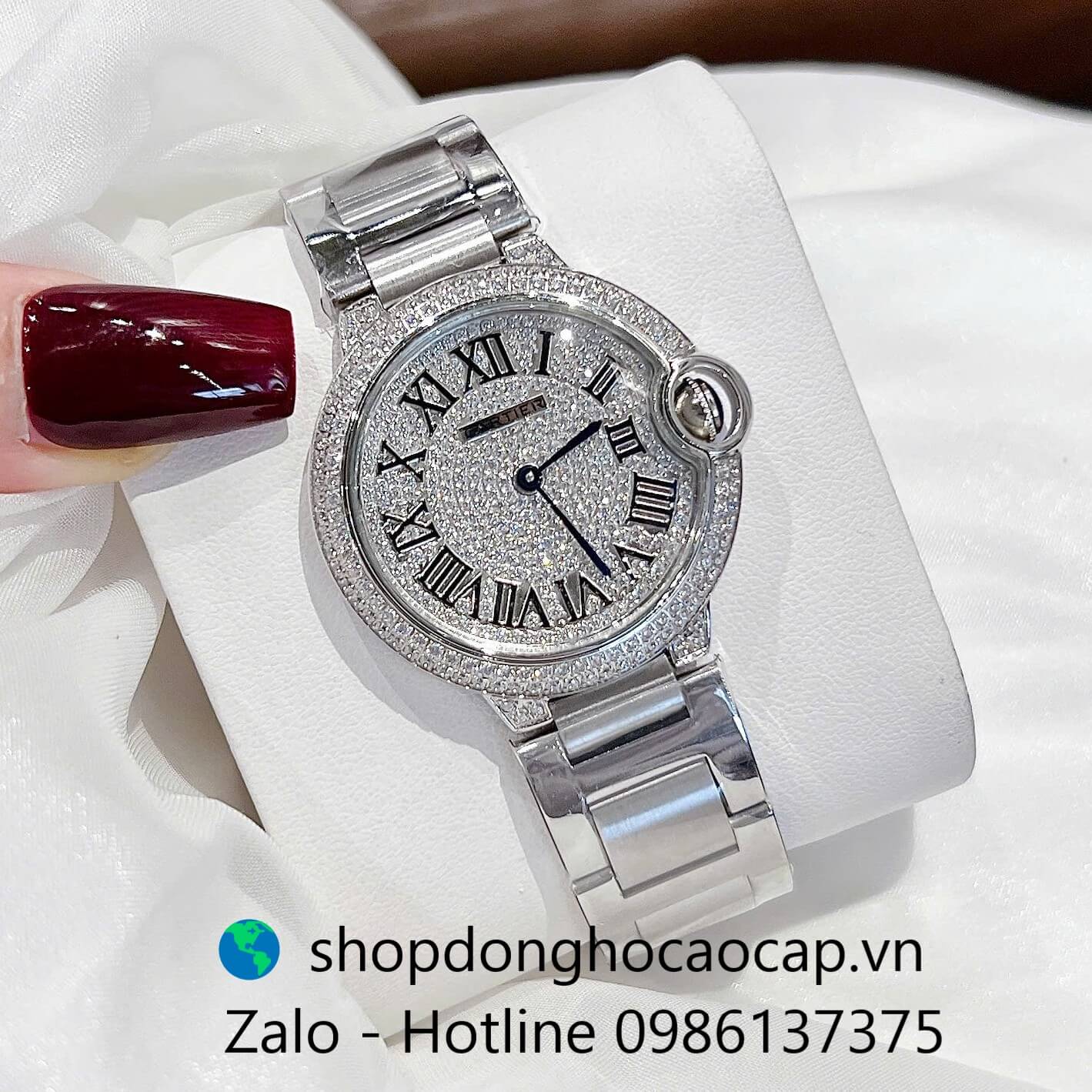 Đồng hồ Cartier Ballon Bleu nữ dây thép silver, đồng hồ Cartier nữ size 36mm số la mã - Quartz Thụy Sĩ
