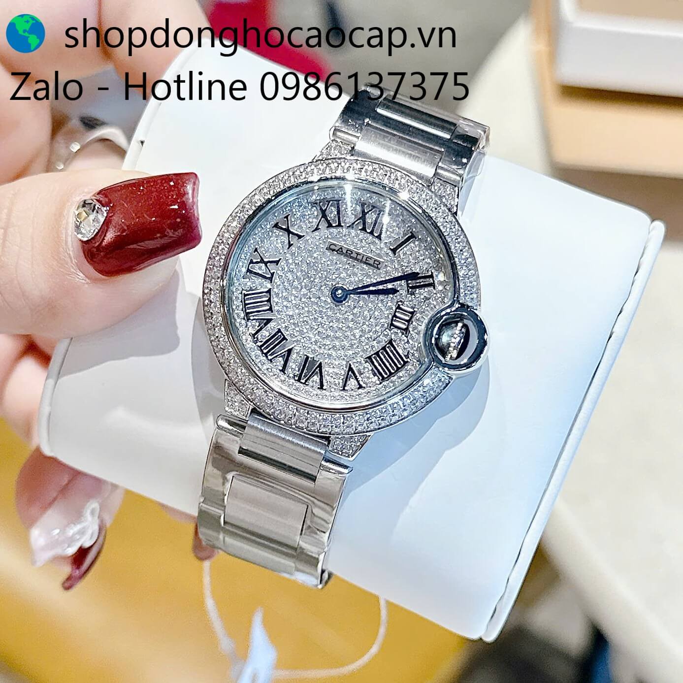 Đồng hồ Cartier Ballon Bleu nữ dây thép silver, đồng hồ Cartier nữ size 36mm số la mã - Quartz Thụy Sĩ