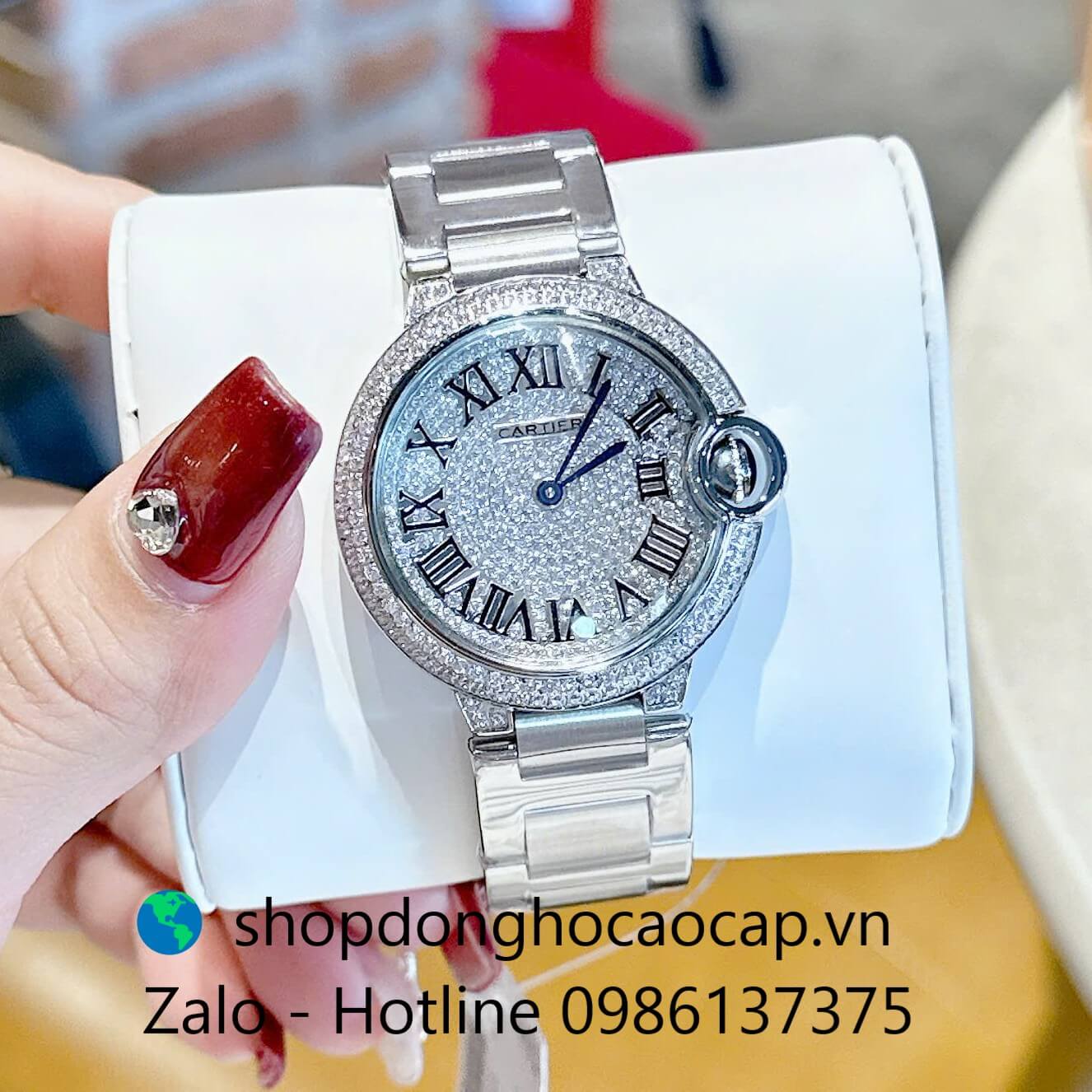 Đồng hồ Cartier Ballon Bleu nữ dây thép silver, đồng hồ Cartier nữ size 36mm số la mã - Quartz Thụy Sĩ