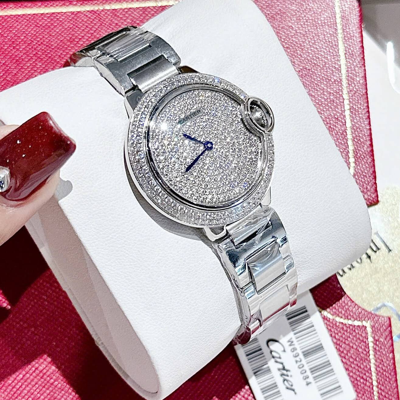 Đồng hồ Cartier Ballon Bleu nữ dây thép silver, mặt đồng hồ đính đá sáng size 32mm - Quartz Thụy Sĩ