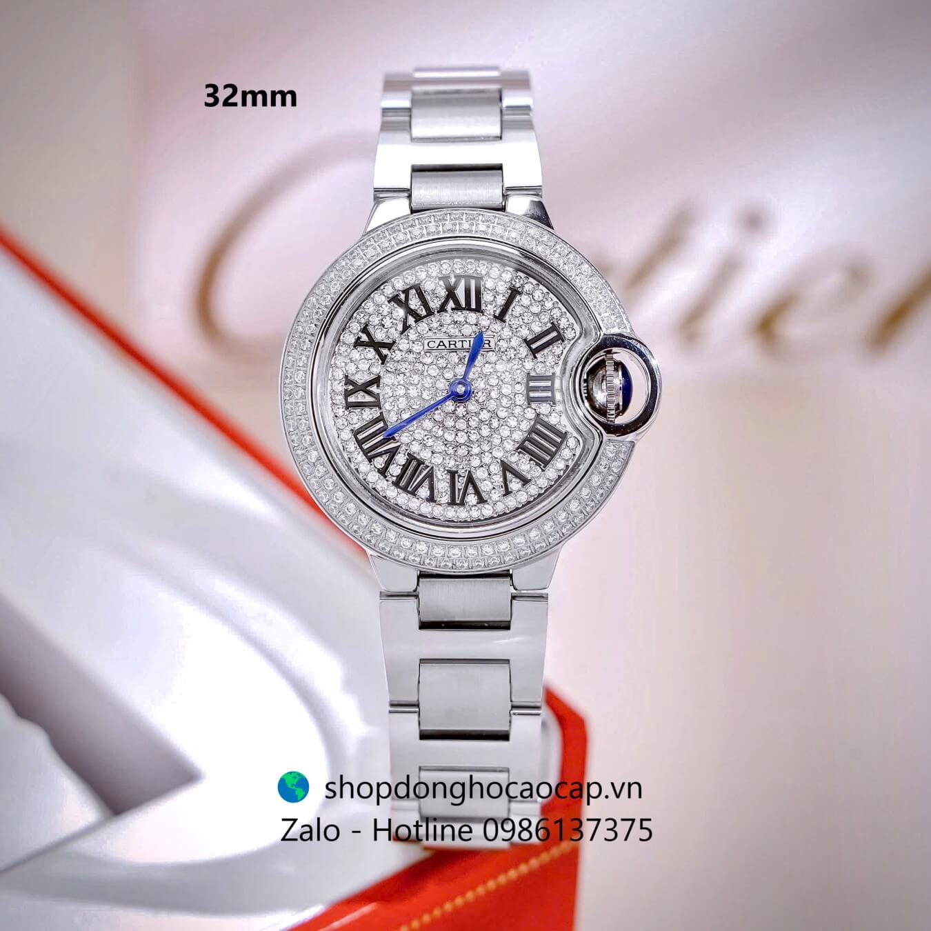 Đồng hồ Cartier Ballon Bleu nữ dây thép, đồng hồ Cartier nữ mặt số la mã đính đá size 32mm - Quartz Thụy Sĩ
