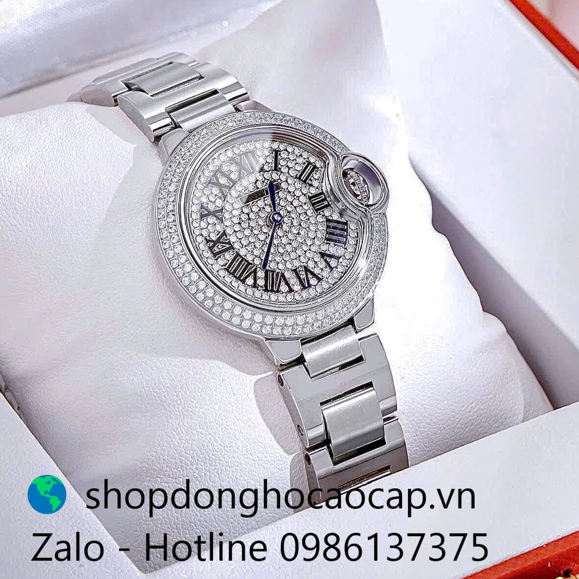 Đồng hồ Cartier Ballon Bleu nữ dây thép, đồng hồ Cartier nữ mặt số la mã đính đá size 32mm - Quartz Thụy Sĩ
