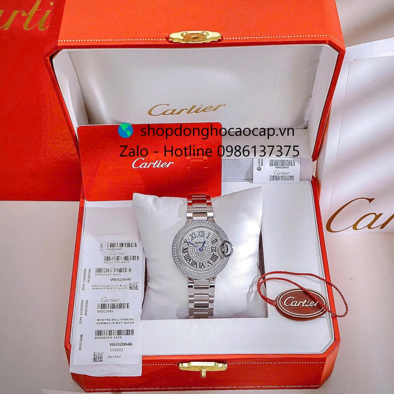 Đồng hồ Cartier Ballon Bleu nữ dây thép, đồng hồ Cartier nữ mặt số la mã đính đá size 32mm - Quartz Thụy Sĩ