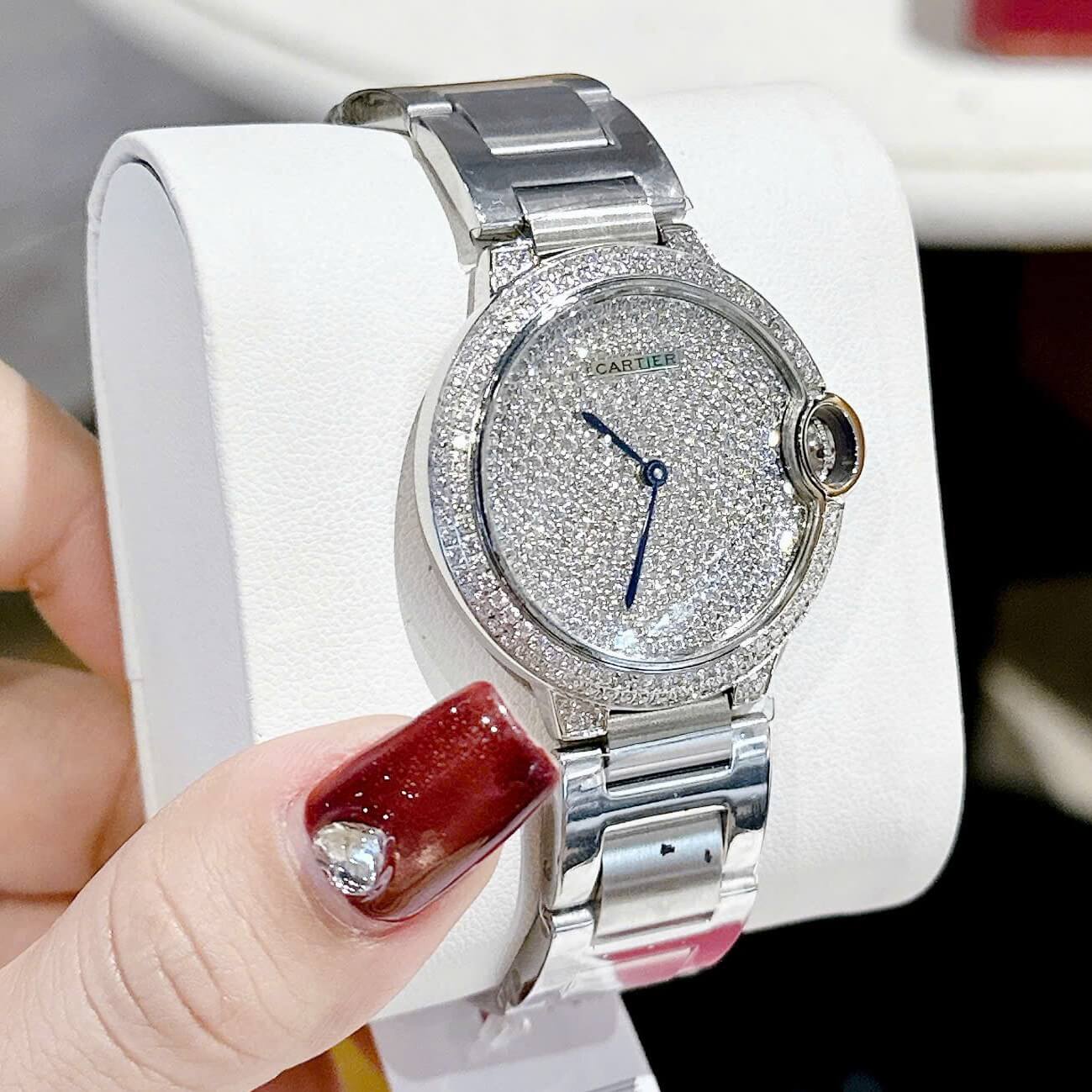 Đồng hồ Cartier Ballon Bleu nữ dây thép silver, mặt đồng hồ đính đá sáng size 32mm - Quartz Thụy Sĩ