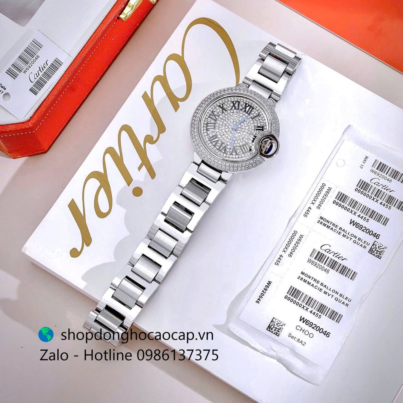 Đồng hồ Cartier Ballon Bleu nữ dây thép, đồng hồ Cartier nữ mặt số la mã đính đá size 32mm - Quartz Thụy Sĩ