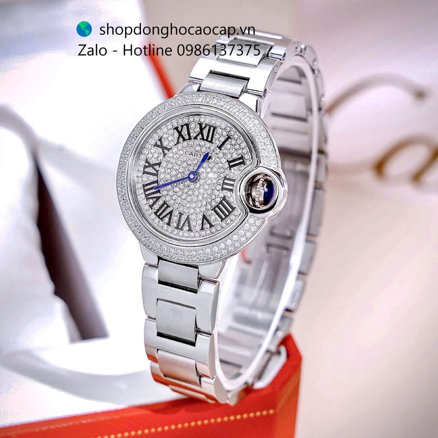 Đồng hồ Cartier Ballon Bleu nữ dây thép, đồng hồ Cartier nữ mặt số la mã đính đá size 32mm - Quartz Thụy Sĩ