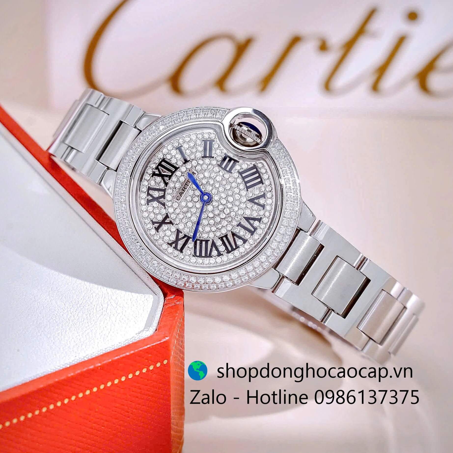 Đồng hồ Cartier Ballon Bleu nữ dây thép, đồng hồ Cartier nữ mặt số la mã đính đá size 32mm - Quartz Thụy Sĩ