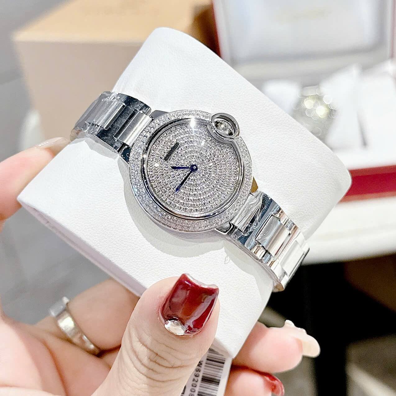 Đồng hồ Cartier Ballon Bleu nữ dây thép silver, mặt đồng hồ đính đá sáng size 32mm - Quartz Thụy Sĩ