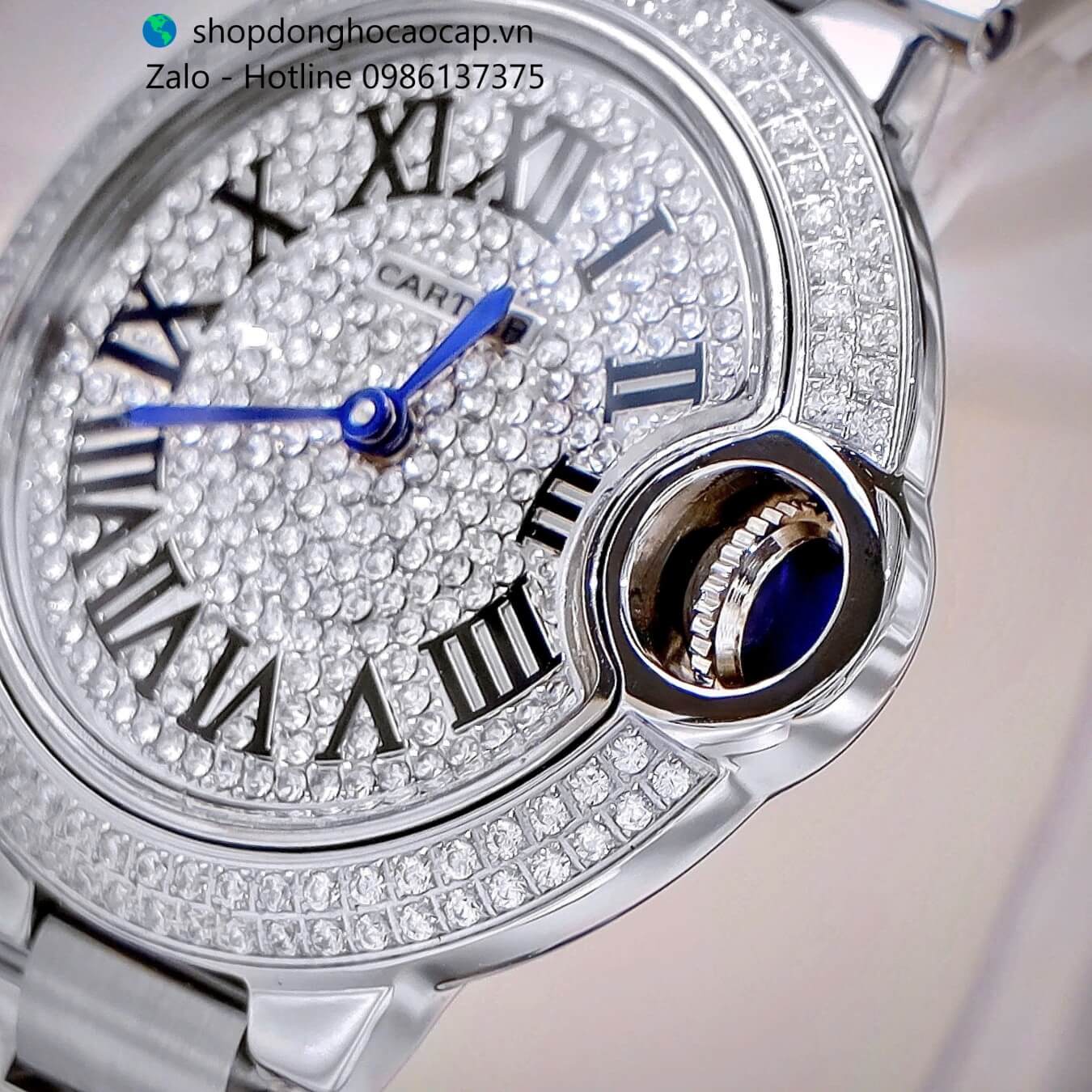 Đồng hồ Cartier Ballon Bleu nữ dây thép, đồng hồ Cartier nữ mặt số la mã đính đá size 32mm - Quartz Thụy Sĩ