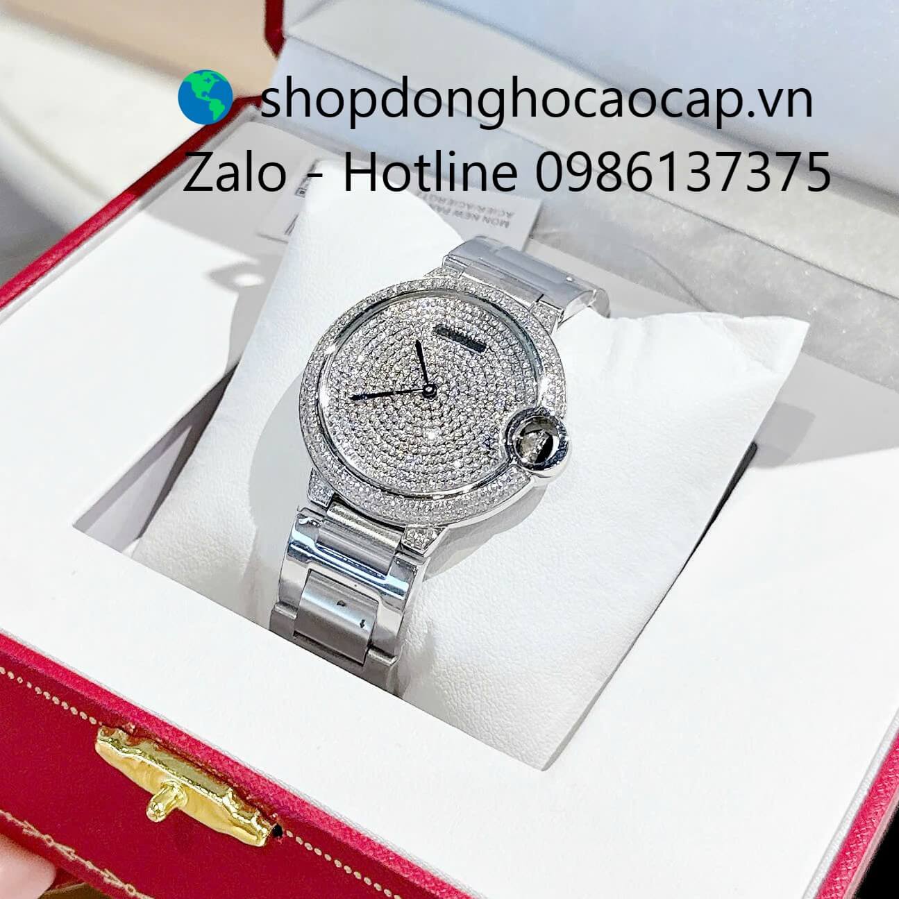 Đồng hồ Cartier Ballon Bleu nữ dây thép silver, mặt đồng hồ đính đá sáng size 36mm - Quartz Thụy Sĩ