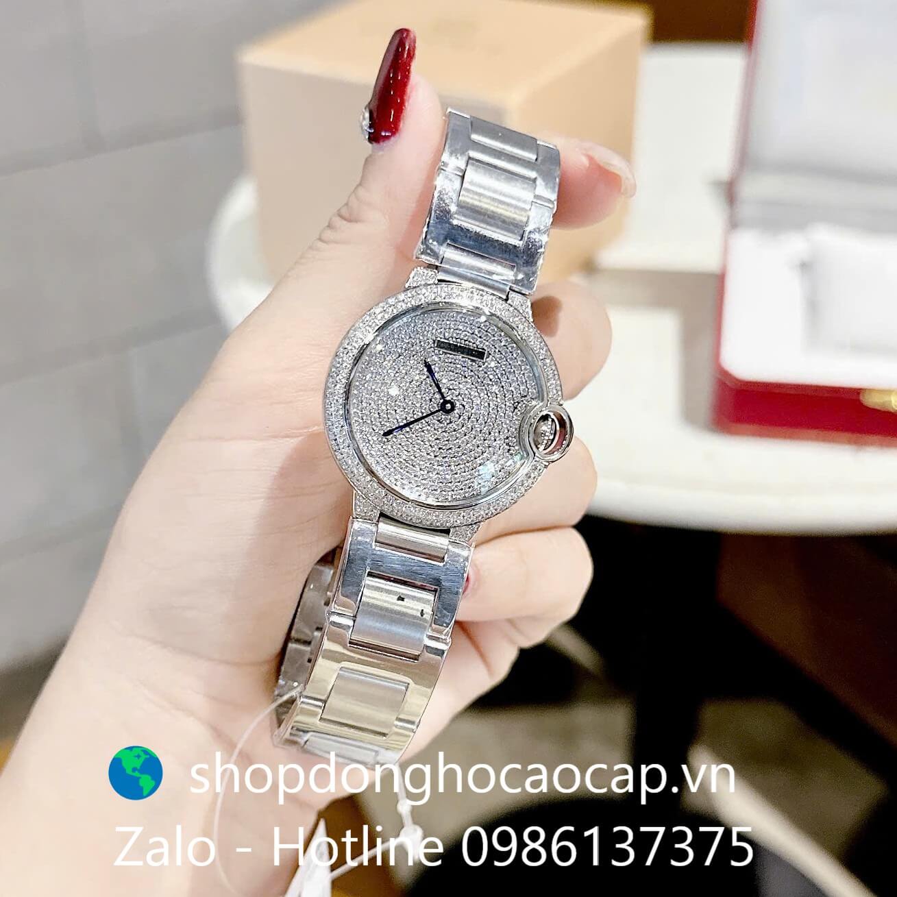 Đồng hồ Cartier Ballon Bleu nữ dây thép silver, mặt đồng hồ đính đá sáng size 36mm - Quartz Thụy Sĩ