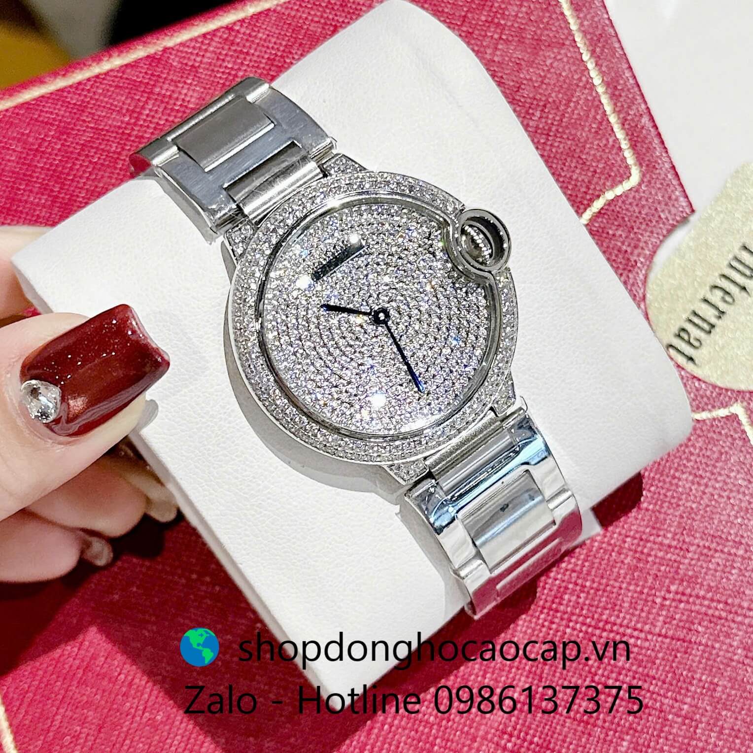 Đồng hồ Cartier Ballon Bleu nữ dây thép silver, mặt đồng hồ đính đá sáng size 36mm - Quartz Thụy Sĩ