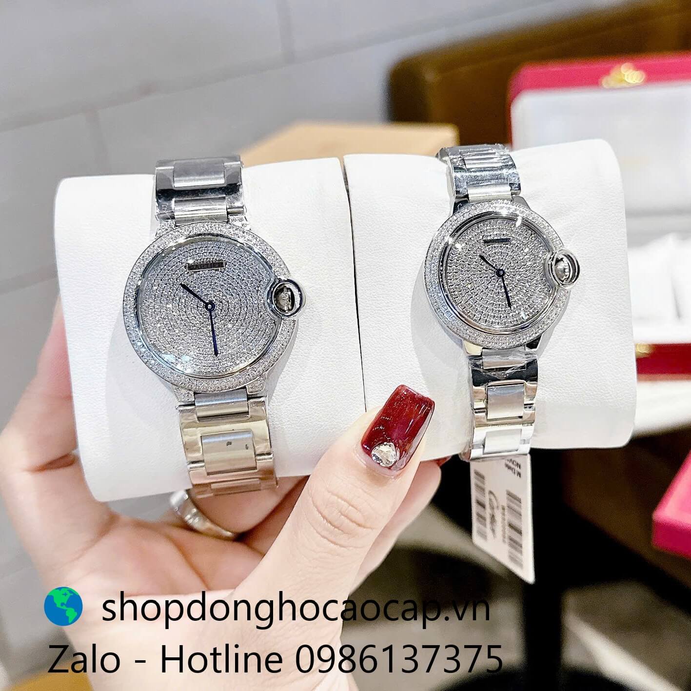 Đồng hồ Cartier Ballon Bleu nữ dây thép silver, mặt đồng hồ đính đá sáng size 36mm - Quartz Thụy Sĩ