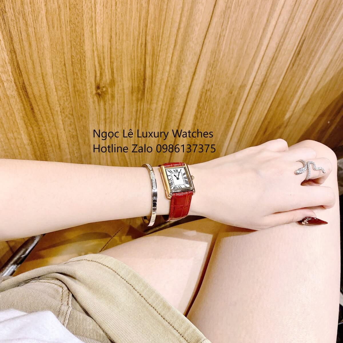 Đồng Hồ Cartier Nữ Dây Da Đỏ Mặt Chữ Nhật Số La Mã Kim Xanh Vỏ Gold Size 24x33mm