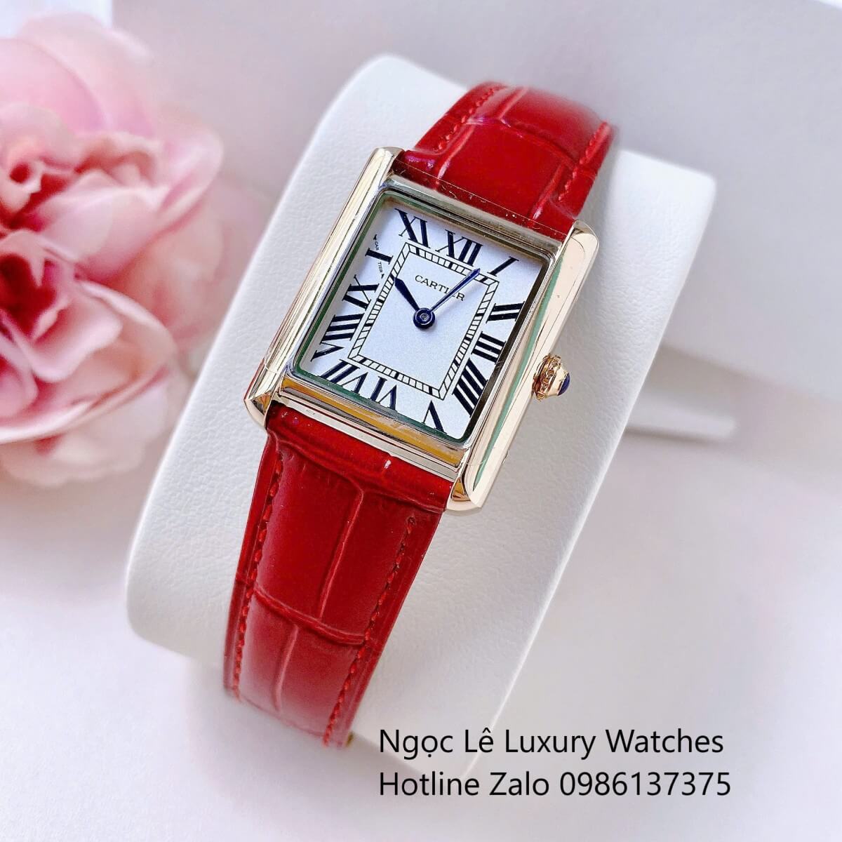 Đồng Hồ Cartier Nữ Dây Da Đỏ Mặt Chữ Nhật Số La Mã Kim Xanh Vỏ Gold Size 24x33mm
