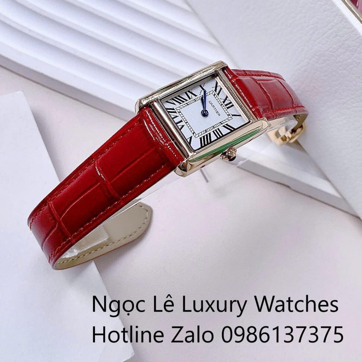 Đồng Hồ Cartier Nữ Dây Da Đỏ Mặt Chữ Nhật Số La Mã Kim Xanh Vỏ Gold Size 24x33mm