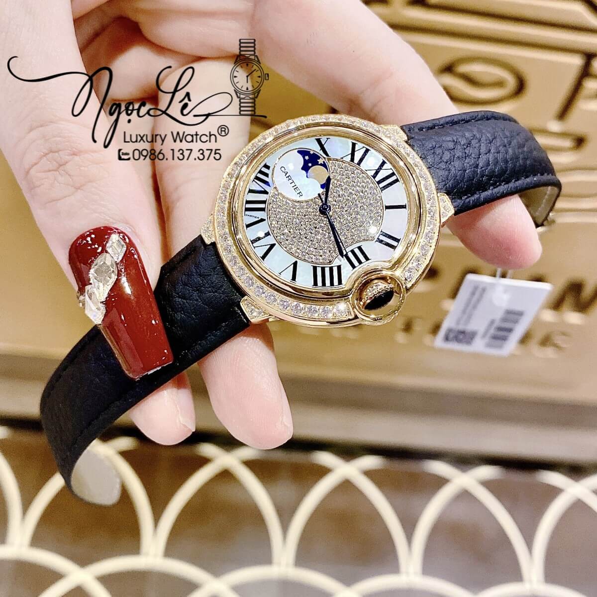 Đồng Hồ Cartier Ballon Bleu Nữ Dây Da Đen Vỏ Gold Đính Đá Size 35mm Máy Pin Thụy Sĩ