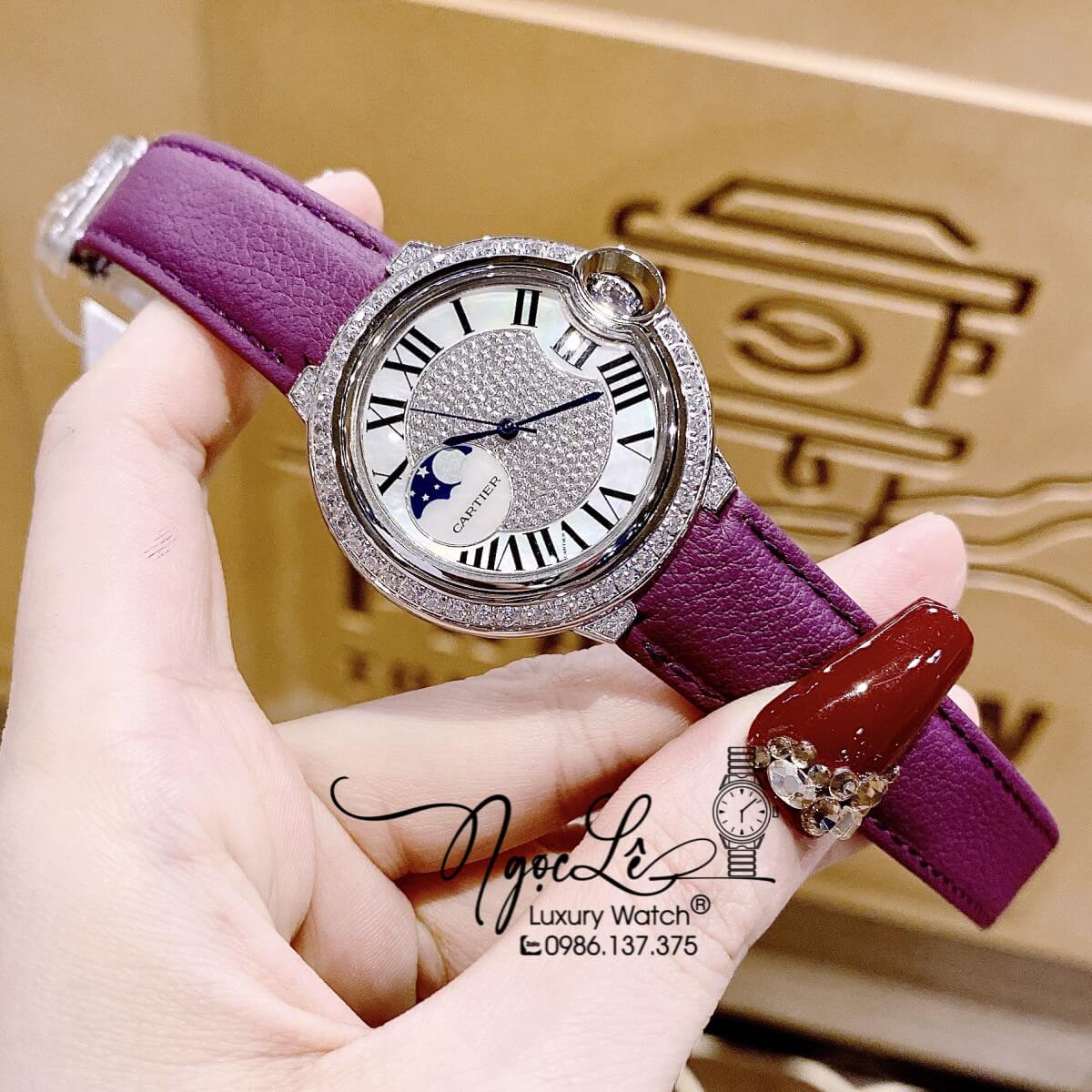 Đồng Hồ Cartier Ballon Bleu Nữ Dây Da Tím Vỏ Silver Đính Đá Size 35mm Máy Pin Thụy Sĩ