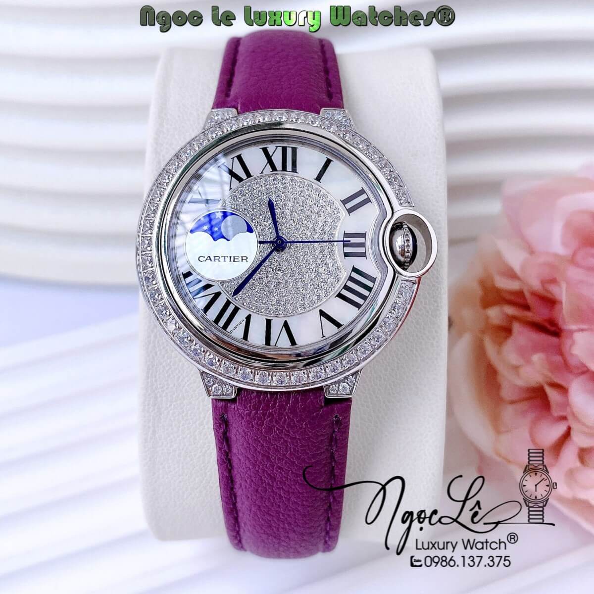 Đồng Hồ Cartier Ballon Bleu Nữ Dây Da Tím Vỏ Silver Đính Đá Size 35mm Máy Pin Thụy Sĩ