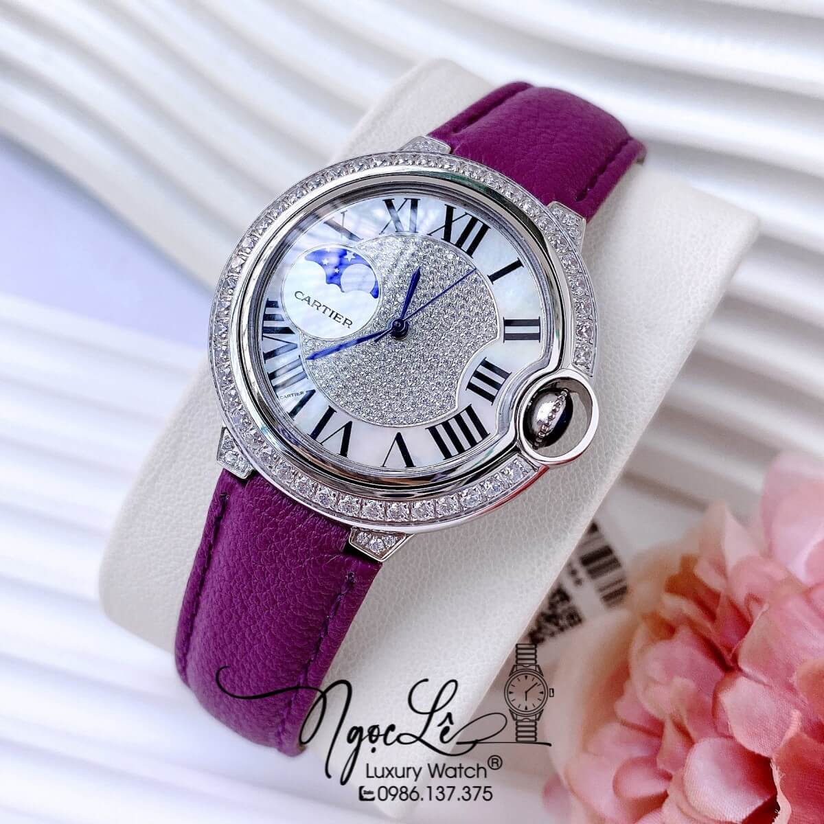 Đồng Hồ Cartier Ballon Bleu Nữ Dây Da Tím Vỏ Silver Đính Đá Size 35mm Máy Pin Thụy Sĩ