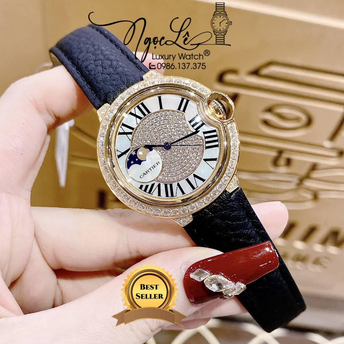 Đồng Hồ Cartier Ballon Bleu Nữ Dây Da Đen Vỏ Gold Đính Đá Size 35mm Máy Pin Thụy Sĩ