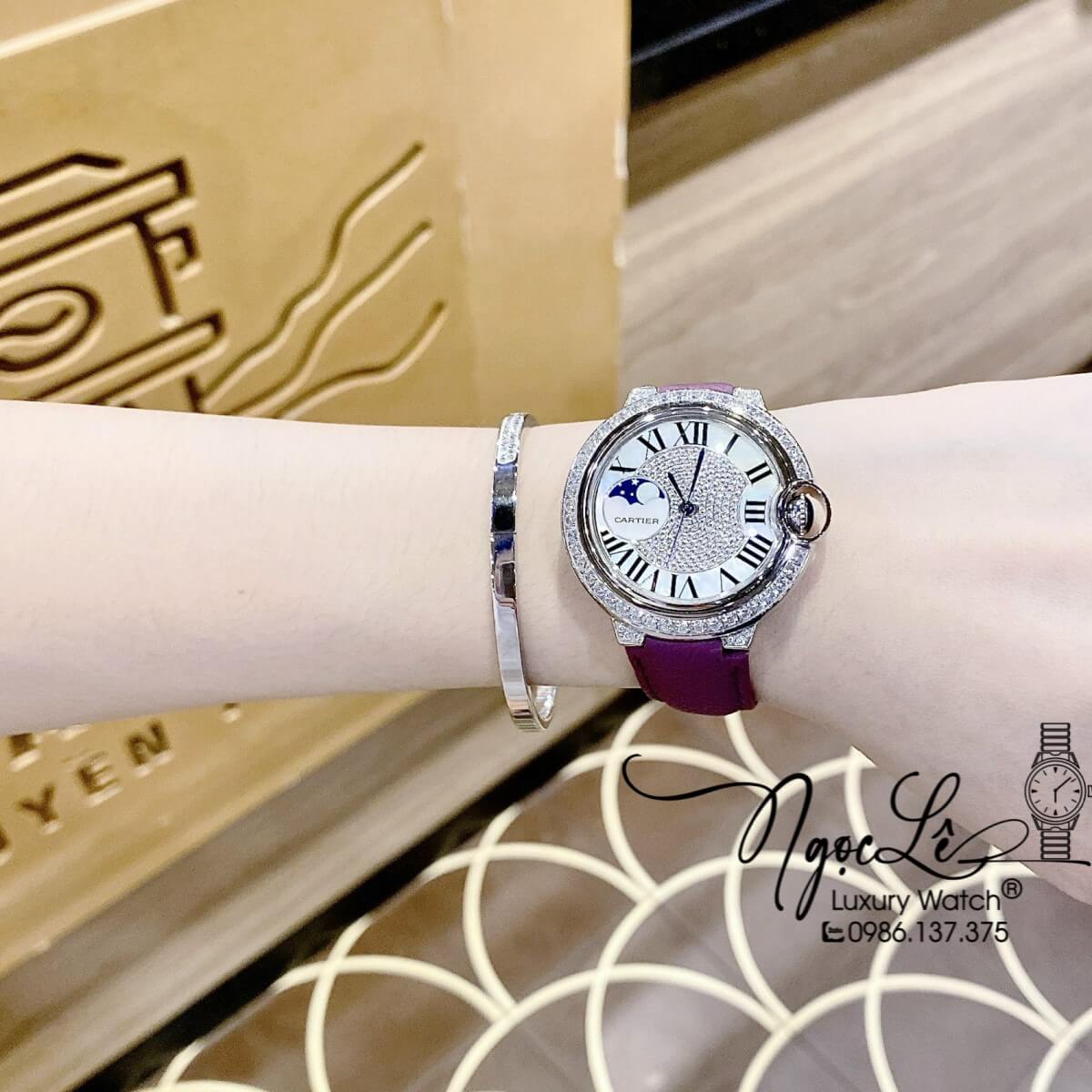 Đồng Hồ Cartier Ballon Bleu Nữ Dây Da Tím Vỏ Silver Đính Đá Size 35mm Máy Pin Thụy Sĩ