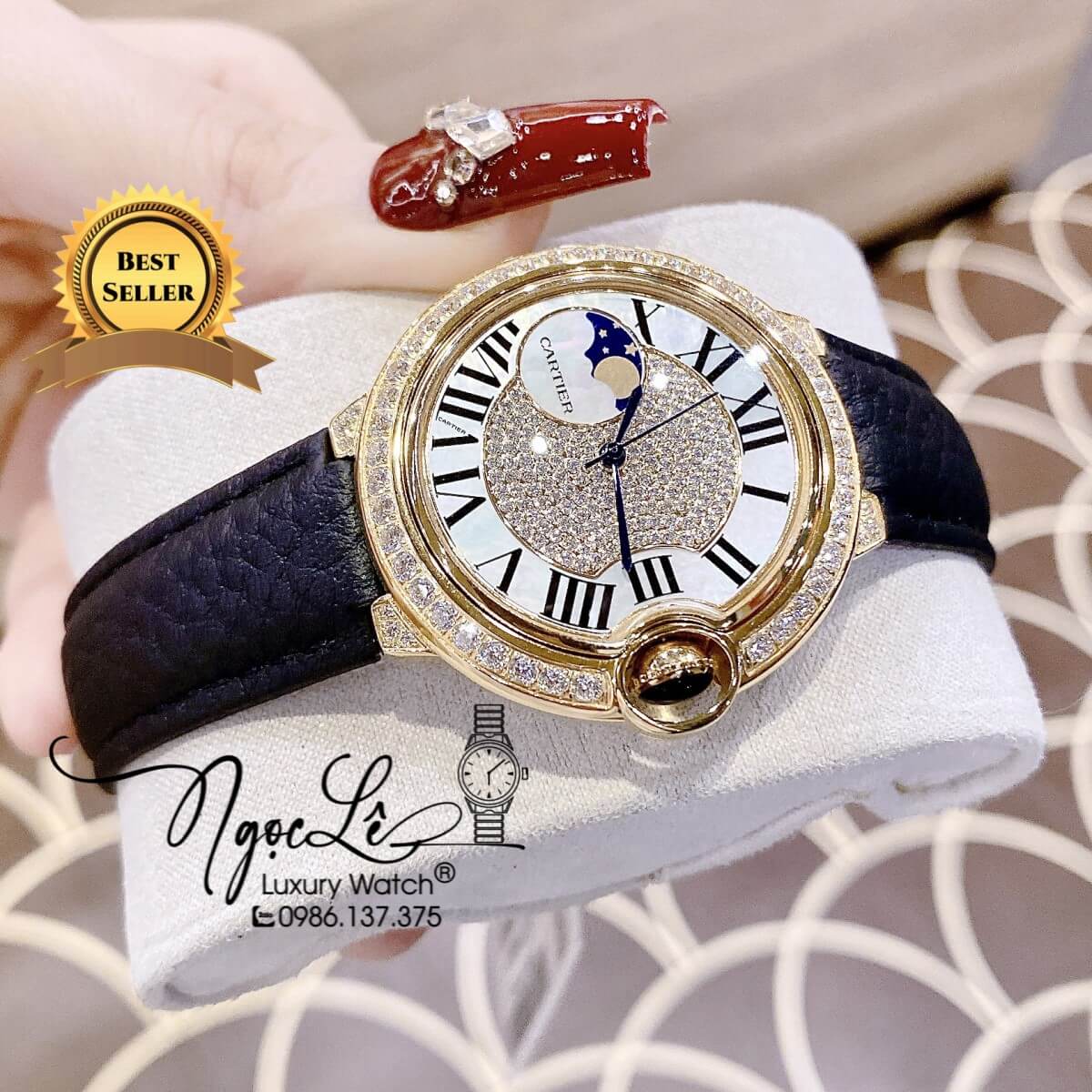 Đồng Hồ Cartier Ballon Bleu Nữ Dây Da Đen Vỏ Gold Đính Đá Size 35mm Máy Pin Thụy Sĩ