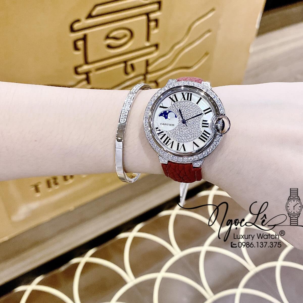 Đồng Hồ Cartier Ballon Bleu Nữ Dây Da Đỏ Vỏ Silver Đính Đá Size 35mm Máy Pin Thụy Sĩ