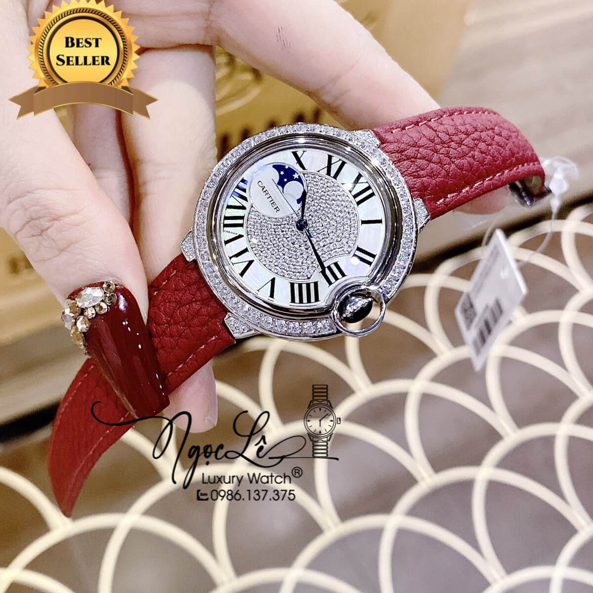 Đồng Hồ Cartier Ballon Bleu Nữ Dây Da Đỏ Vỏ Silver Đính Đá Size 35mm Máy Pin Thụy Sĩ