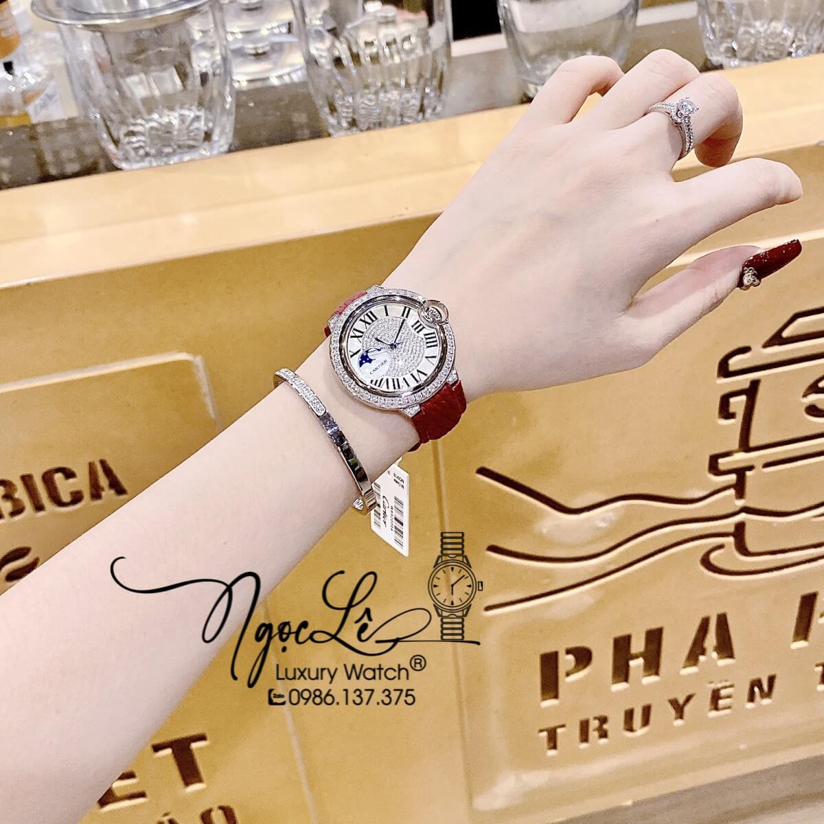 Đồng Hồ Cartier Ballon Bleu Nữ Dây Da Đỏ Vỏ Silver Đính Đá Size 35mm Máy Pin Thụy Sĩ
